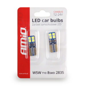 AVX-AM01635 Set becuri auto cu LED CANBUS compatibil T10e W5W 8 SMD Alb 12/24V, destinat competitiilor auto sau off-road