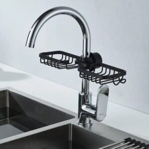 AVX-DA122 Raft organizator dublu, universal pentru bucatarie sau baie, montaj pe robinet, material otel, culoare Neagra