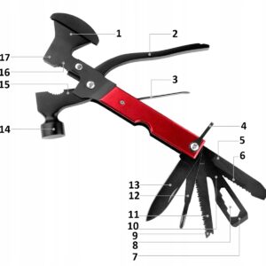AVX-WT-MT-PRO-5 Unealta de supravietuire 17-in-1, model "Red Axe Multi-tool" pentru camping, calatorii, offroad, ATV, SSV, model AVX-WT-MT-PRO-5