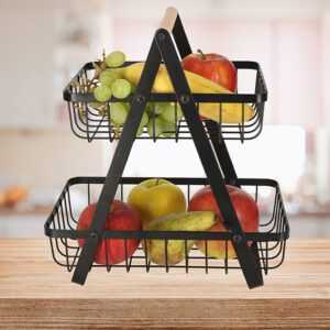 AVX-KX4682 Cos de fructe cu doua etaje, pliabil, lemn + metal, culoare neagra