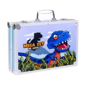 Set 145 piese pentru pictura, pentru copii sau adulti, pixuri de colorat, creioane colorate si vopsele de pictura, cu geanta de transport ALBASTRU DINOZAUR, model AVX-WT-DINART145