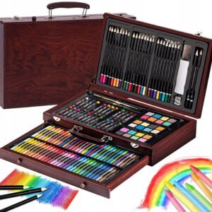 Set 142 piese pentru pictura, pentru copii sau adulti, pixuri de colorat, creioane colorate si vopsele de pictura, cu geanta de transport din LEMN MASIV, model AVX-WT-INGRES142