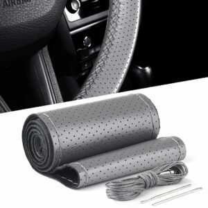 Husa volan din PIELE GRI + ATA GRI, diametru 37 - 39 cm (se coase, aspect ORIGINAL)