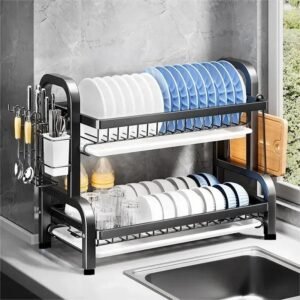 Suport uscator de vase metalic cu 2 nivele si tavi de scurgere, dimensiuni 43 x 30 x 23 cm, culoare Neagra